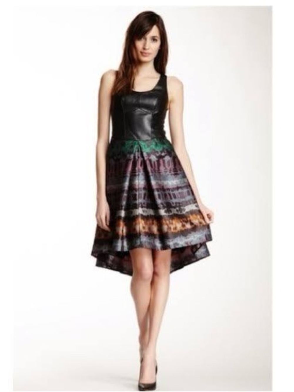 Black Leather Bodice Multicolor Patterned Skater Dress
